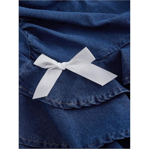 Womens Strapless Denim Mini Dress Bandeau Ruffle A Line Bow Layered Summer Dress - Picture 3 of 4
